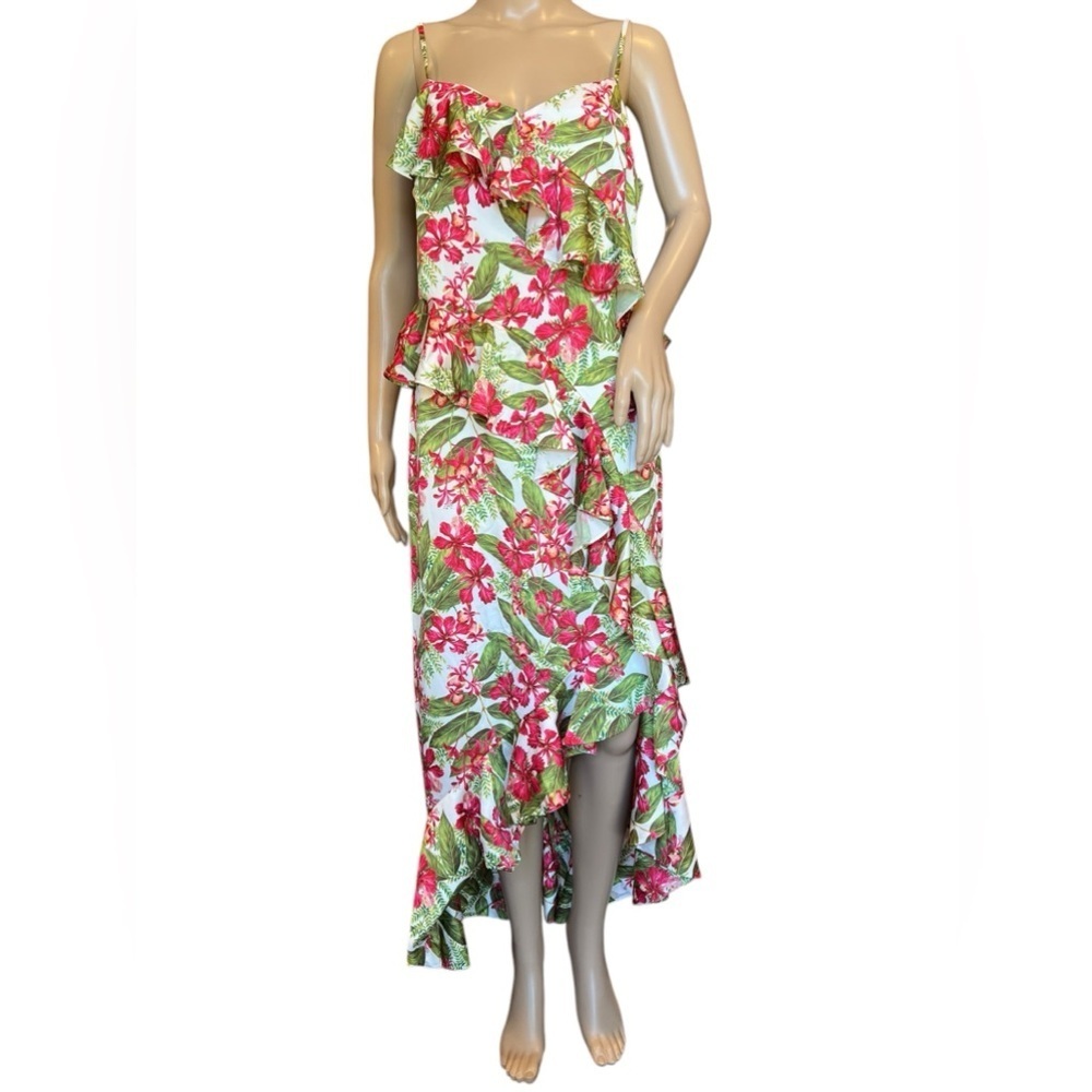 AMUR Womens Dress Deborah Tropical Floral Print Midi Ruffle High Low Size 10 - Picture 5 of 16